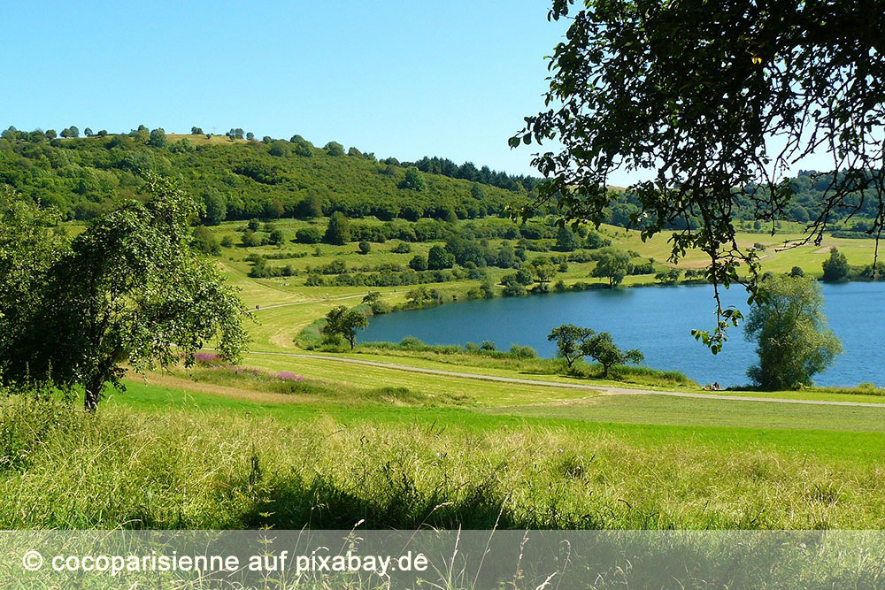 Blick über Maar mit grünen Wiesen und Wäldern